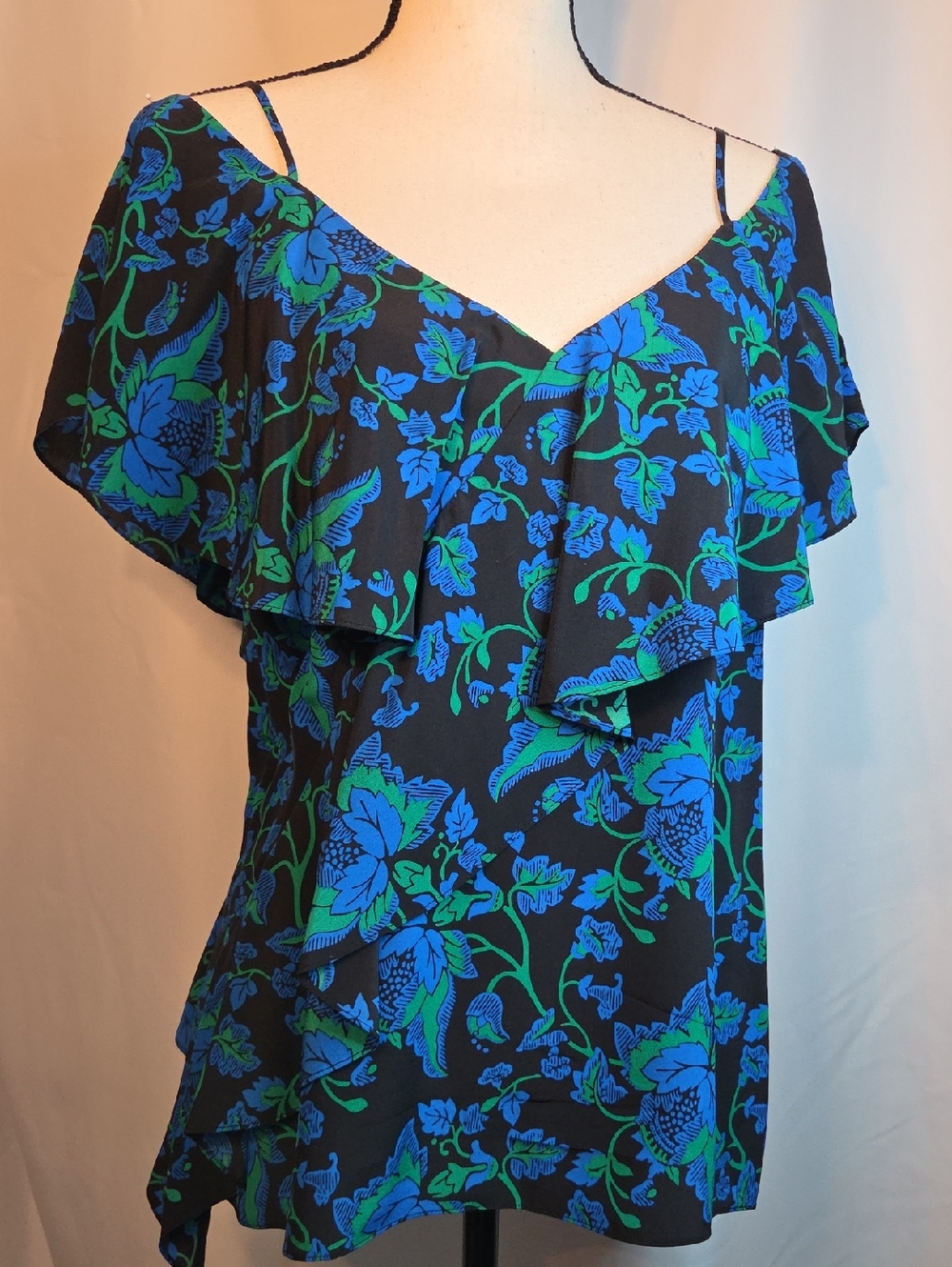 Silk Floral Cold-Shoulder Ruffle Top - Black with Blue & Green